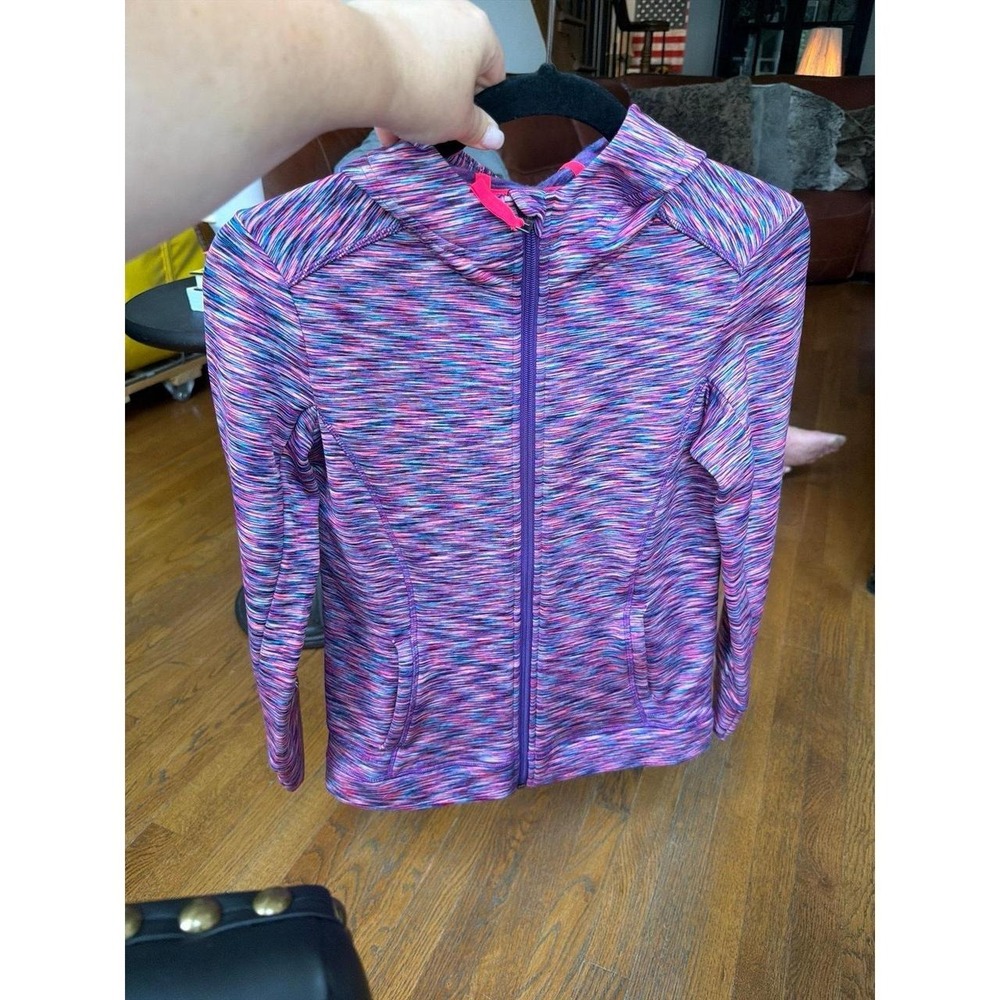 Athleta Girl Spacedye Warm Up Hoodie features a vibrant purple and pink XL